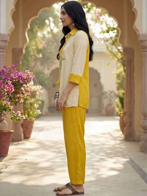 Embroidered Mustard Cotton Blend Co Ords for Women 5