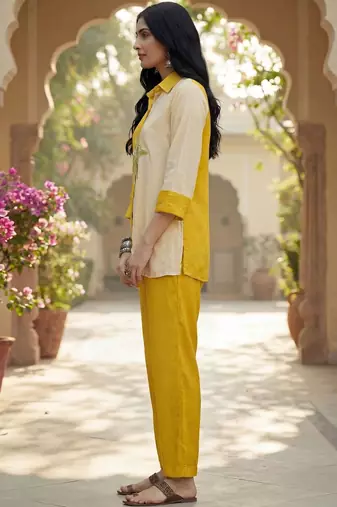 Embroidered Mustard Cotton Blend Co Ords for Women