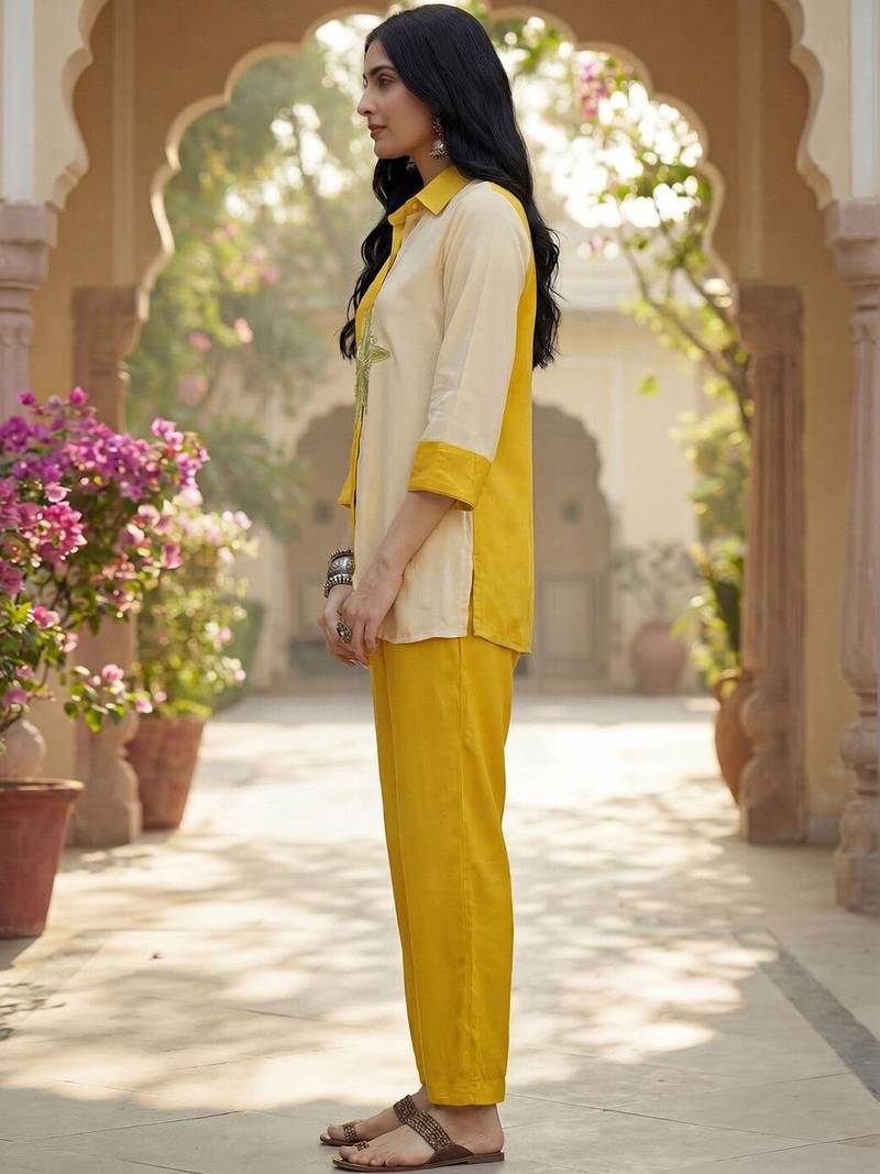 Embroidered Mustard Cotton Blend Co Ords for Women