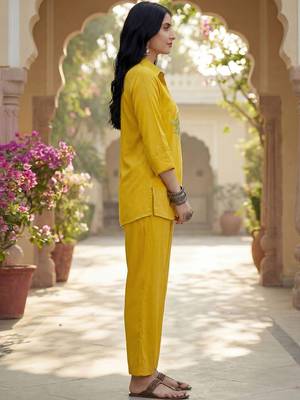 Embroidered Mustard Cotton Blend Co Ords for Women 6