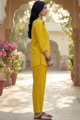 Embroidered Mustard Cotton Blend Co Ords for Women