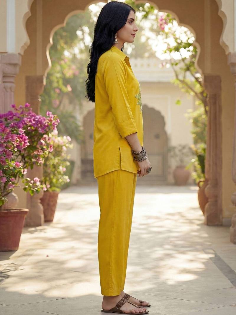 Embroidered Mustard Cotton Blend Co Ords for Women