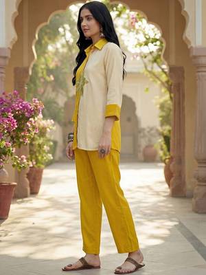 Embroidered Mustard Cotton Blend Co Ords for Women 7