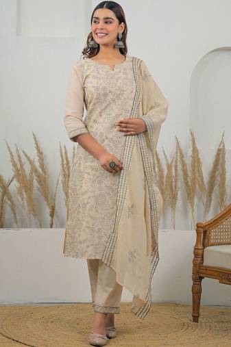 Women Floral Embroidered Regular Thread Work Kurta with Trousers & With Dupatta