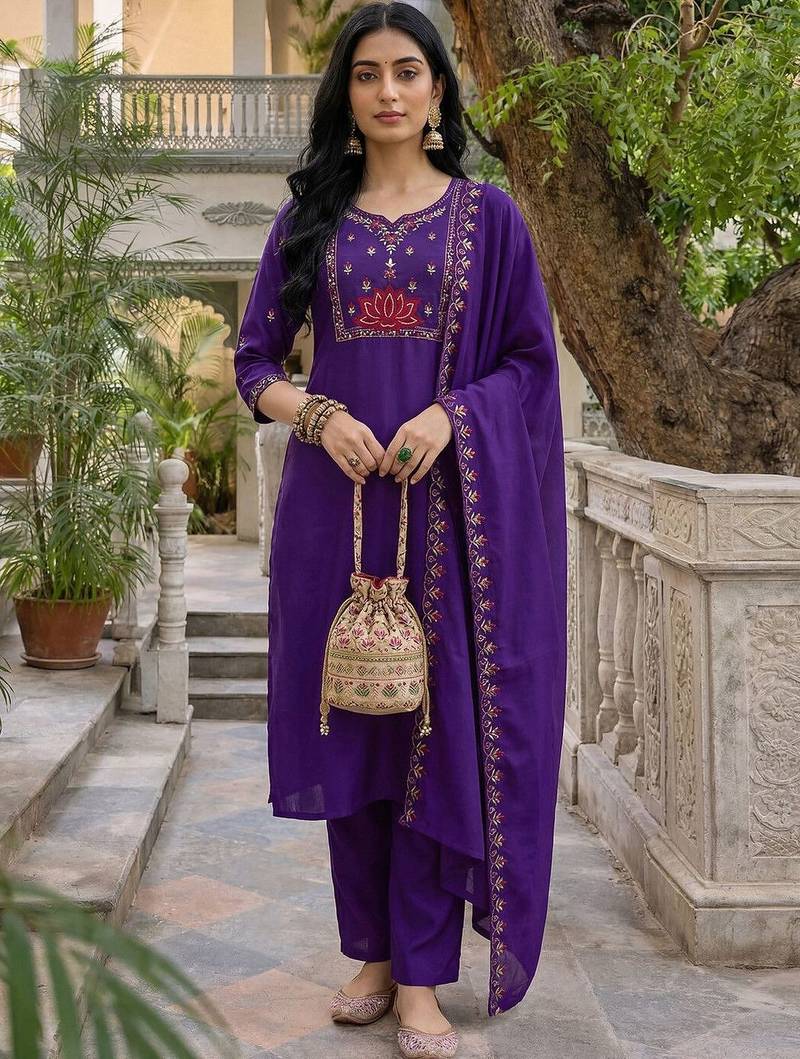 Women Ethnic Motifs Embroidered Regular Thread Work Kurta with Trousers & With Dupatta