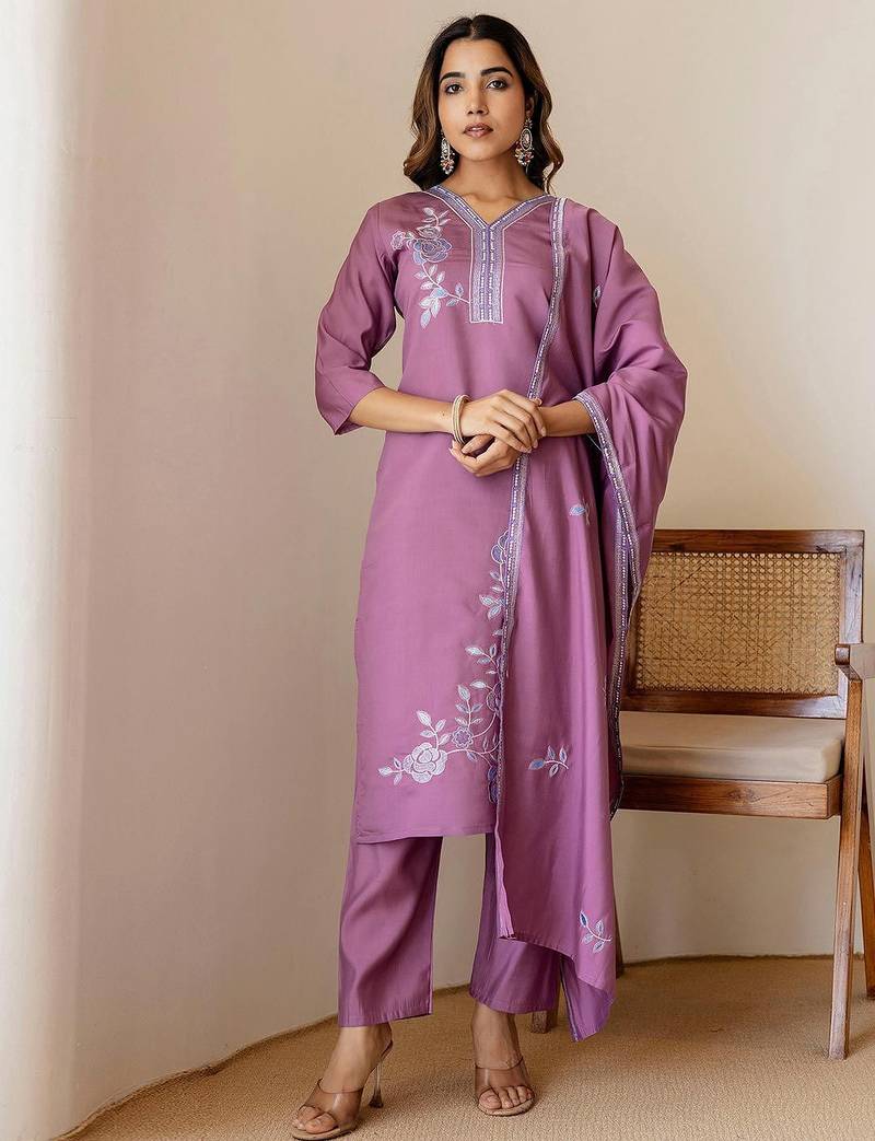 Floral Embroidered V-Neck Thread Work Straight Kurta With Trousers & Dupatta