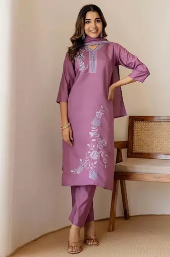 Floral Embroidered V-Neck Thread Work Straight Kurta With Trousers & Dupatta