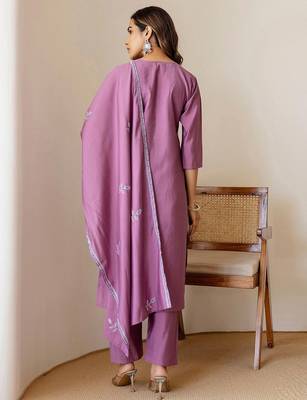 Floral Embroidered V-Neck Thread Work Straight Kurta With Trousers & Dupatta 6