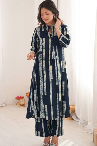 Printed Navy Blue Cotton Co Ords for Women