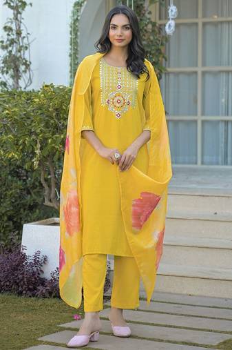 Women Embroidered Regular Sequinned Kurta with Trousers & With Dupatta