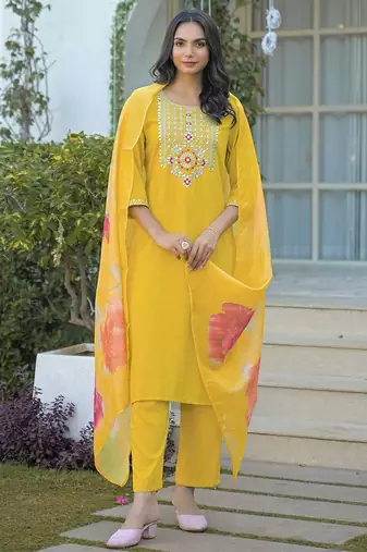 Women Embroidered Regular Sequinned Kurta with Trousers & With Dupatta