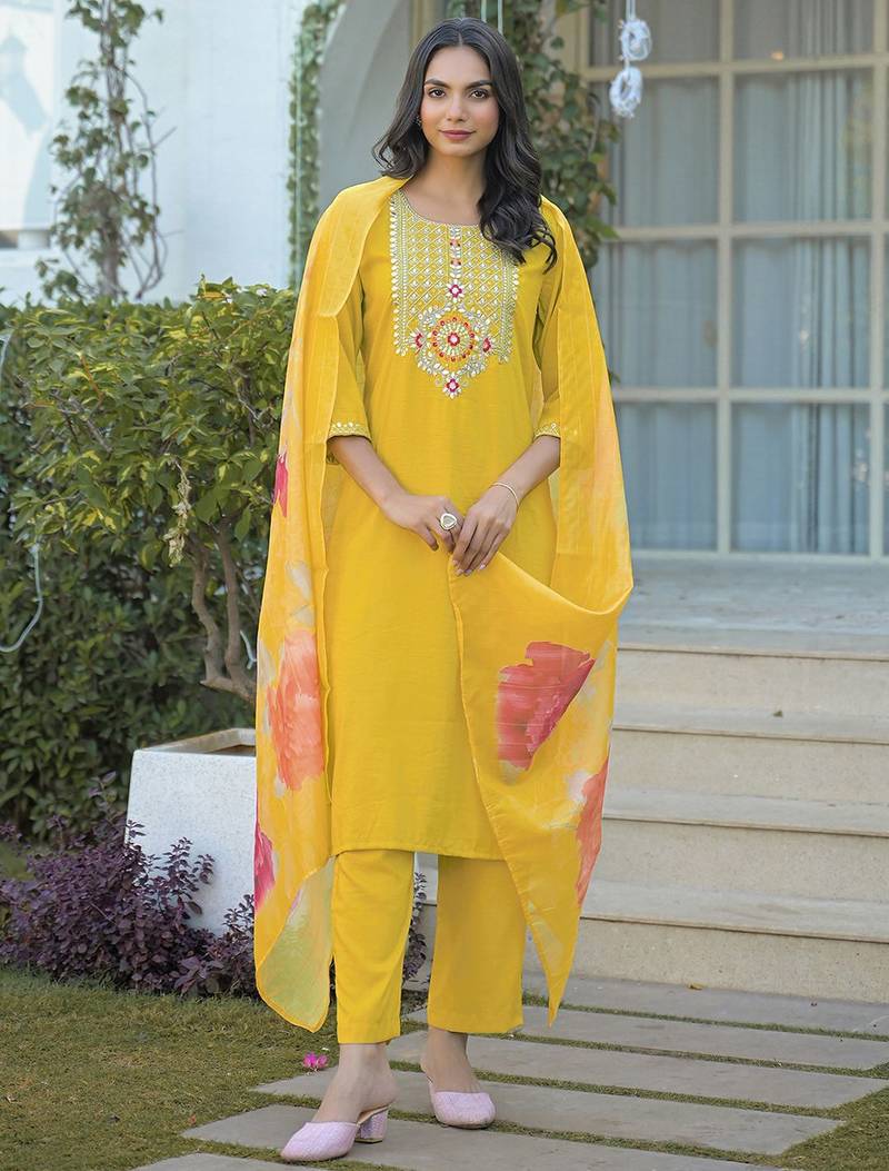 Women Embroidered Regular Sequinned Kurta with Trousers & With Dupatta