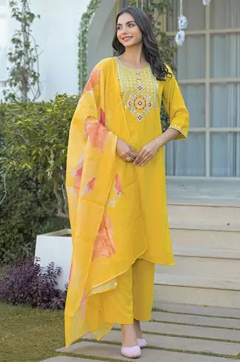Women Embroidered Regular Sequinned Kurta with Trousers & With Dupatta