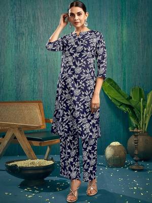 Floral Printed Dark Blue Cotton Blend Co Ords for Women 1