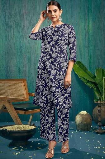Floral Printed Dark Blue Cotton Blend Co Ords for Women