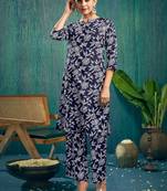Floral Printed Dark Blue Cotton Blend Co Ords for Women