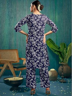 Floral Printed Dark Blue Cotton Blend Co Ords for Women 2