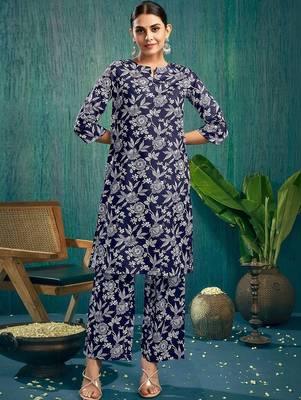 Floral Printed Dark Blue Cotton Blend Co Ords for Women 4