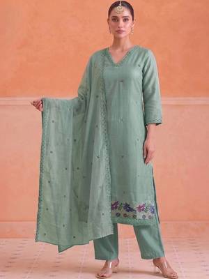 Women Ethnic Motifs Embroidered Regular Thread Work Chanderi Cotton Kurta with Trousers & With Dupatta 1