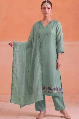 Women Ethnic Motifs Embroidered Regular Thread Work Chanderi Cotton Kurta with Trousers & With Dupatta