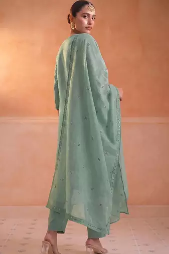 Women Ethnic Motifs Embroidered Regular Thread Work Chanderi Cotton Kurta with Trousers & With Dupatta
