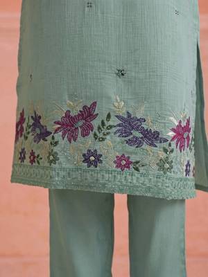 Women Ethnic Motifs Embroidered Regular Thread Work Chanderi Cotton Kurta with Trousers & With Dupatta 4