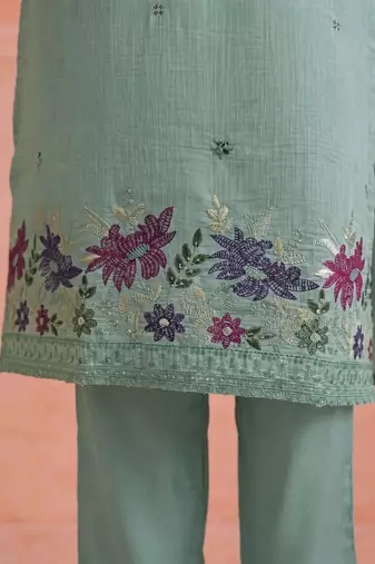 Women Ethnic Motifs Embroidered Regular Thread Work Chanderi Cotton Kurta with Trousers & With Dupatta