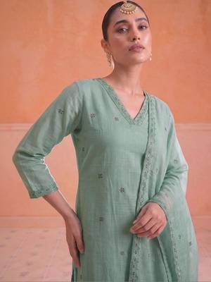 Women Ethnic Motifs Embroidered Regular Thread Work Chanderi Cotton Kurta with Trousers & With Dupatta 5