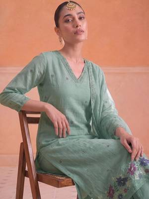 Women Ethnic Motifs Embroidered Regular Thread Work Chanderi Cotton Kurta with Trousers & With Dupatta 6