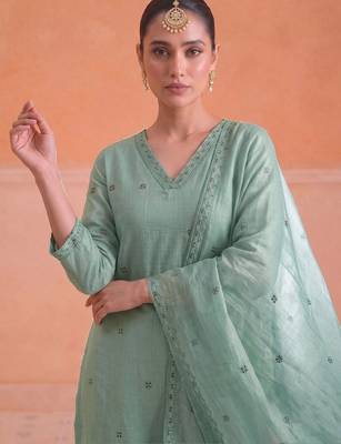 Women Ethnic Motifs Embroidered Regular Thread Work Chanderi Cotton Kurta with Trousers & With Dupatta 7