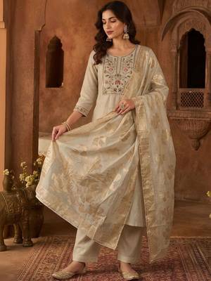 Women Ethnic Motifs Embroidered Regular Thread Work Chanderi Cotton Kurta with Trousers & With Dupatta 1