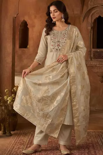 Women Ethnic Motifs Embroidered Regular Thread Work Chanderi Cotton Kurta with Trousers & With Dupatta