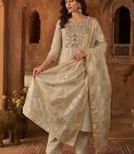 Women Ethnic Motifs Embroidered Regular Thread Work Chanderi Cotton Kurta with Trousers & With Dupatta