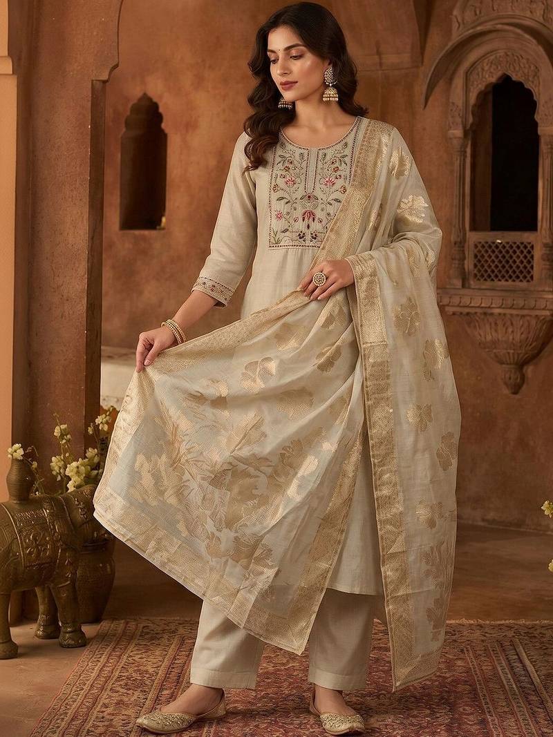 Women Ethnic Motifs Embroidered Regular Thread Work Chanderi Cotton Kurta with Trousers & With Dupatta