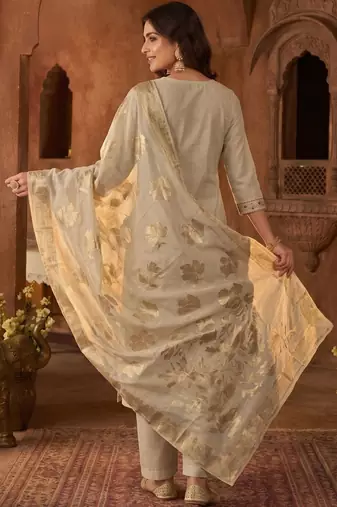 Women Ethnic Motifs Embroidered Regular Thread Work Chanderi Cotton Kurta with Trousers & With Dupatta
