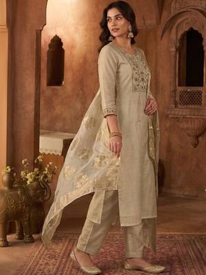 Women Ethnic Motifs Embroidered Regular Thread Work Chanderi Cotton Kurta with Trousers & With Dupatta 3