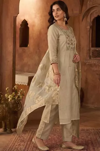 Women Ethnic Motifs Embroidered Regular Thread Work Chanderi Cotton Kurta with Trousers & With Dupatta