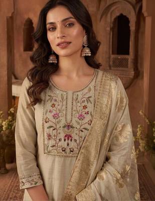 Women Ethnic Motifs Embroidered Regular Thread Work Chanderi Cotton Kurta with Trousers & With Dupatta 5