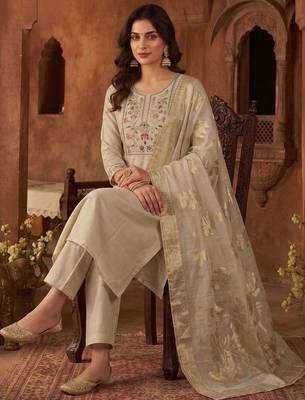 Women Ethnic Motifs Embroidered Regular Thread Work Chanderi Cotton Kurta with Trousers & With Dupatta 6