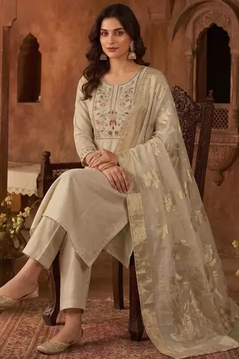 Women Ethnic Motifs Embroidered Regular Thread Work Chanderi Cotton Kurta with Trousers & With Dupatta