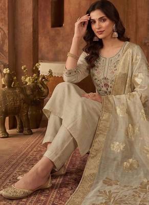 Women Ethnic Motifs Embroidered Regular Thread Work Chanderi Cotton Kurta with Trousers & With Dupatta 7