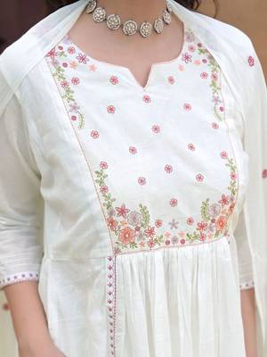 Women Floral Embroidered Empire Thread Work Pure Cotton Kurta with Trousers & With Dupatta 4