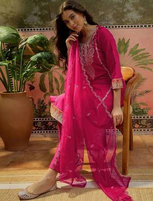 Women Ethnic Motifs Embroidered Regular Kurta with Trousers & With Dupatta 6