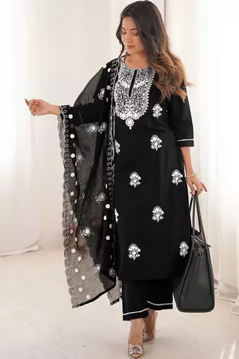 Women Ethnic Motifs Embroidered Regular Thread Work Pure Cotton Kurta with Trousers & With Dupatta