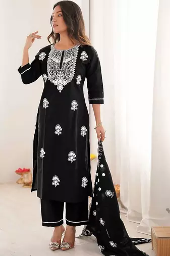 Women Ethnic Motifs Embroidered Regular Thread Work Pure Cotton Kurta with Trousers & With Dupatta