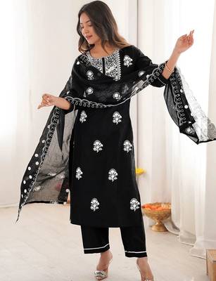 Women Ethnic Motifs Embroidered Regular Thread Work Pure Cotton Kurta with Trousers & With Dupatta 5