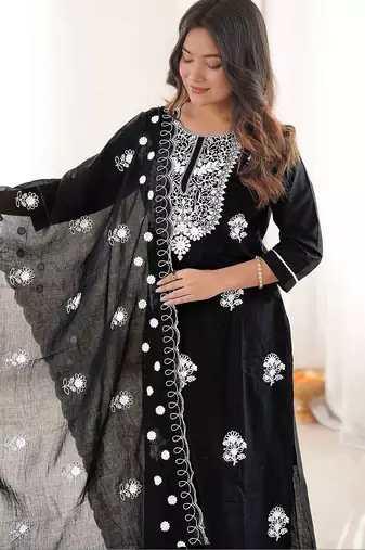 Women Ethnic Motifs Embroidered Regular Thread Work Pure Cotton Kurta with Trousers & With Dupatta