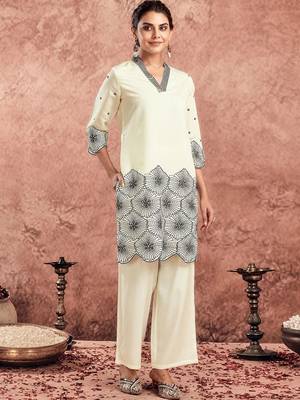 Embroidered Creme Silk Blend Co Ords for Women 1