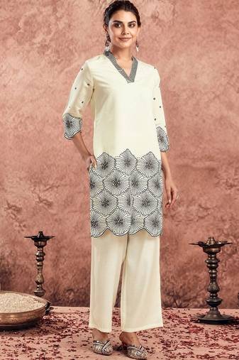 Embroidered Creme Silk Blend Co Ords for Women