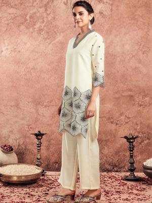 Embroidered Creme Silk Blend Co Ords for Women 3